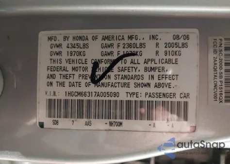 2007 Honda Accord 3.0 Lx z USA, uszkodzony, nr VIN 1HGCM66317A005090
